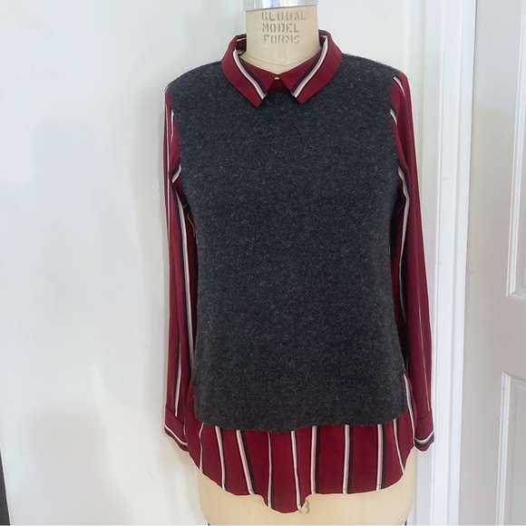 Daorae Gray Solid Sweater Vest With Striped Layered Blouse - Picture 1 of 8